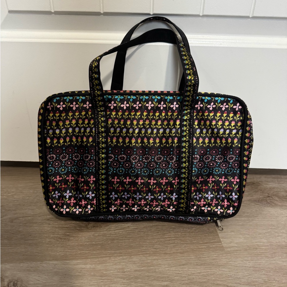 Floral Makeup Bag Travel Cosmetic Organizer Black Pink Zip Pouch